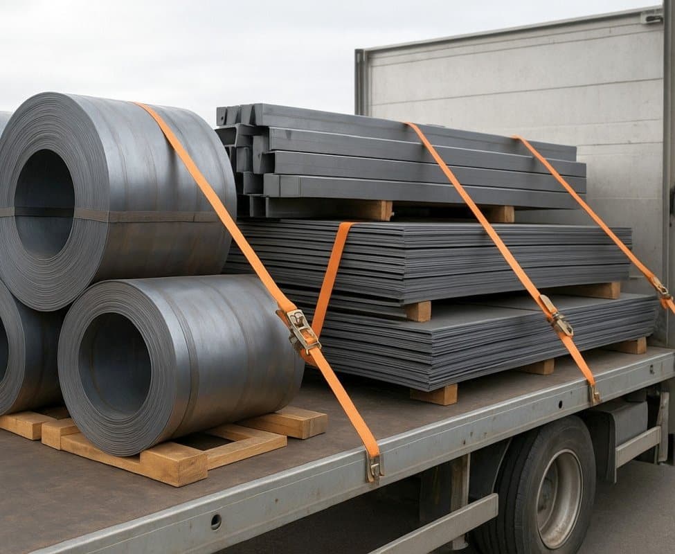 Schlechte Ladungssicherung für Coils, Bleche und Formstahl (Beispielbild)